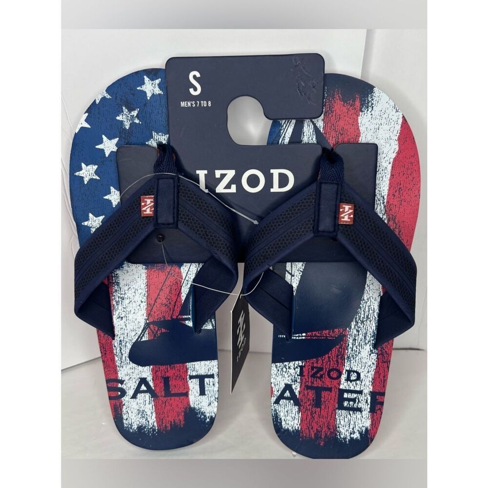 Izod Navy, Red & White Flag-Print Men's Flip Flops Various Size